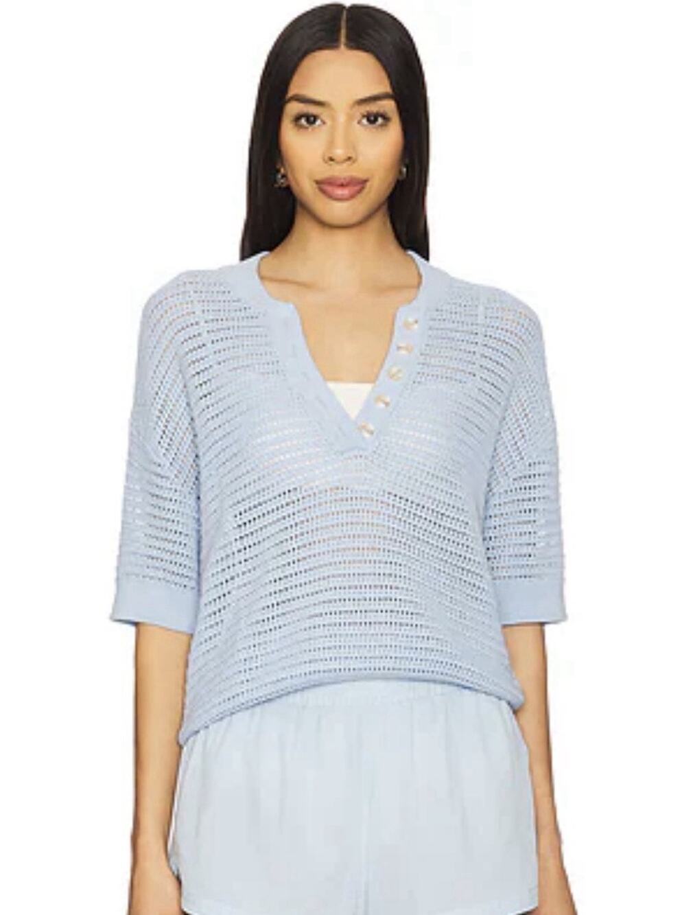 Varley Callie Knit Top Women’s Medium Blue Cotton Beach Boho Lagenlook Coastal